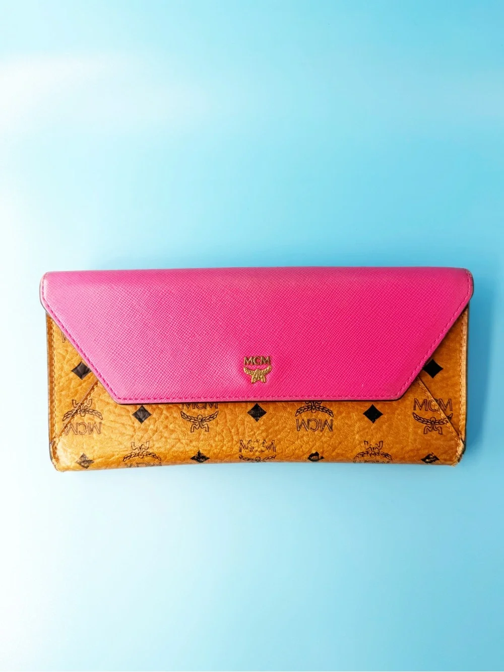 Mcm Visetos Leather Long Envelope Flap Wallet Hot Pink Card Slots Zipper